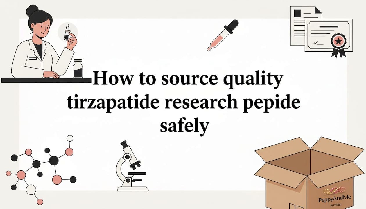 Title card with lab and peptide illustrations