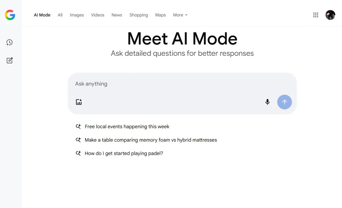 Google AI Mode interface showing conversational search