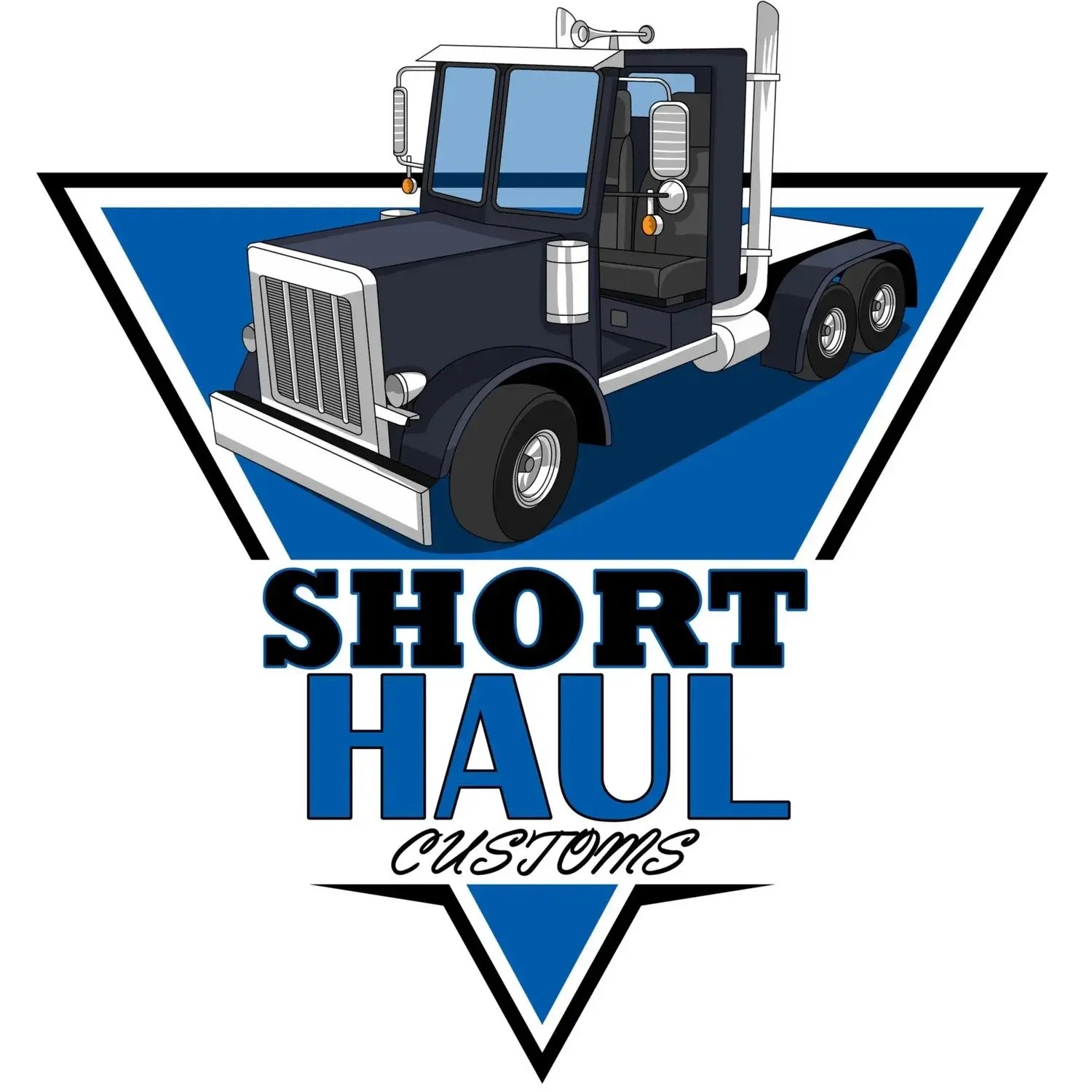 Logo for Short Haul Customs featuring a dark blue semi-truck inside a blue triangular emblem with bold 'SHORT HAUL' text and cursive 'CUSTOMS'