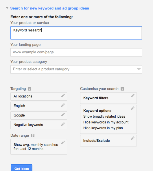 Using Keyword planner tool