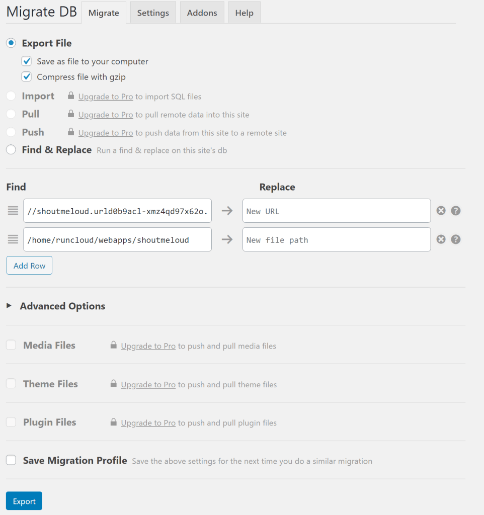 WP Migrate DB interface