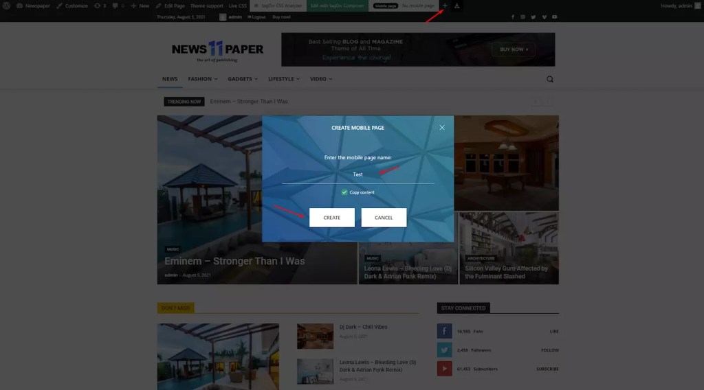 Create Mobile Page Newspaper theme