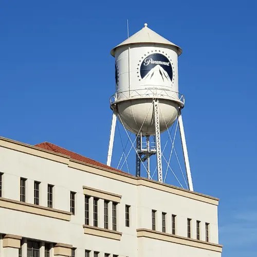 Daytime photo of Paramount Studios Water Tower & building