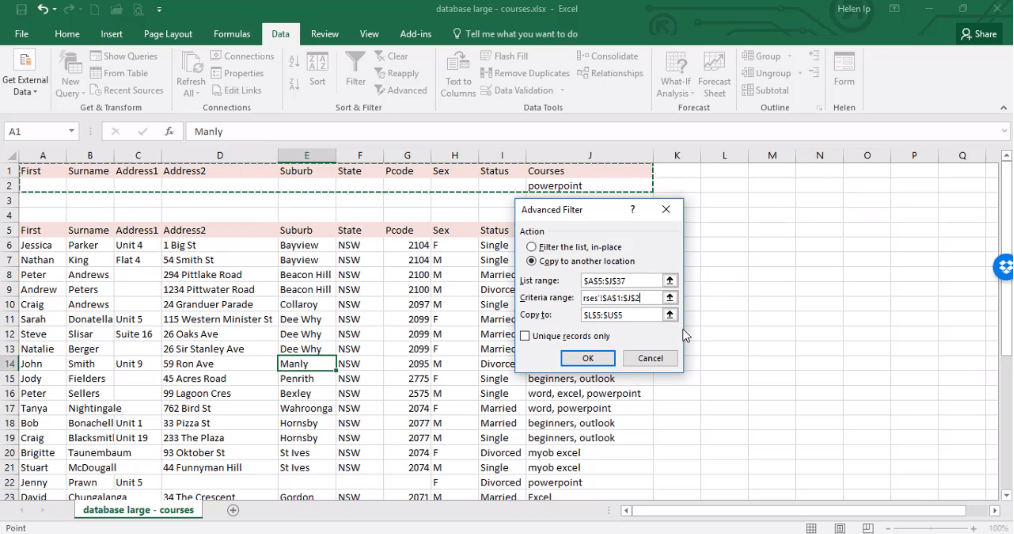 ADMNEXC307703 Excel Training How to use Advanced Filter using