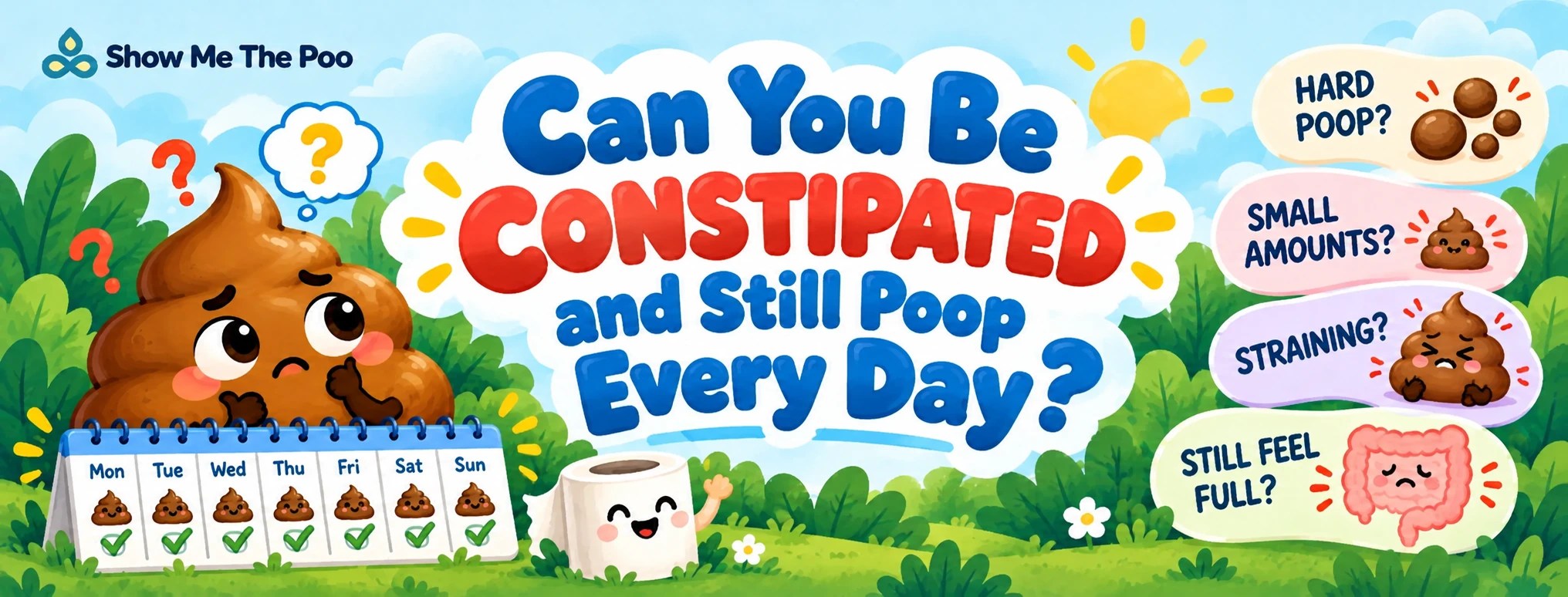 Can You Be Constipated and Still Poop Every Day title image with a worried poop character, daily bowel movement calendar, and signs like hard stool, small amounts, straining, and feeling full.