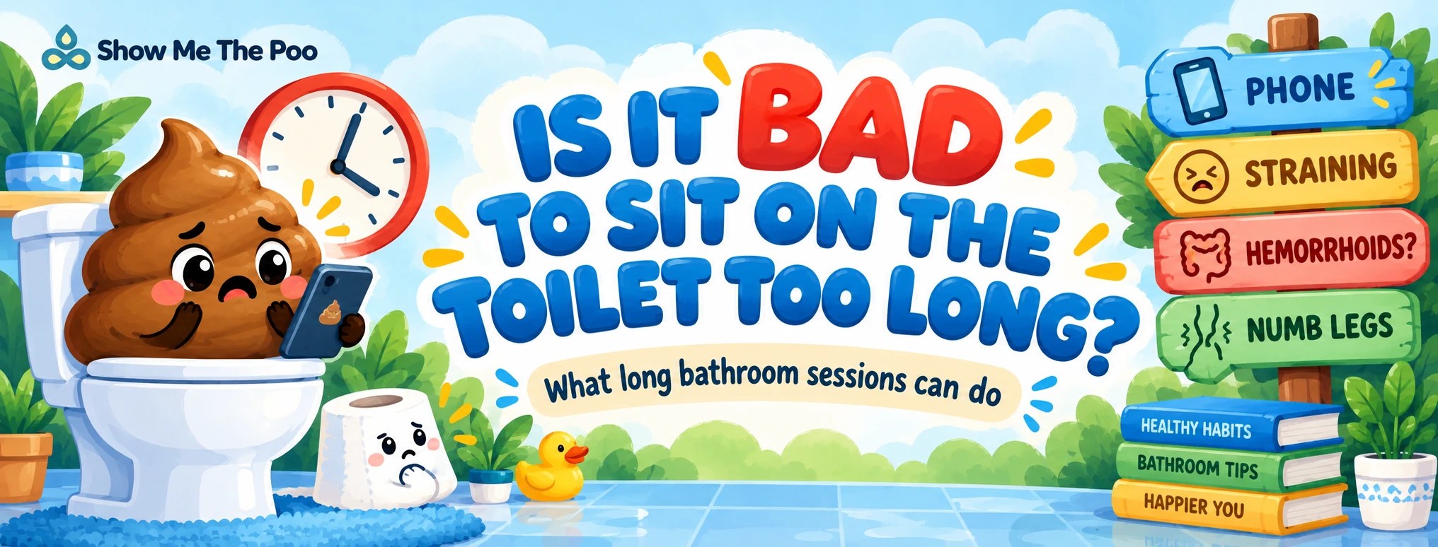 Is It Bad to Sit on the Toilet Too Long title image with a worried poop character on a toilet, phone, clock, and signs about straining, hemorrhoids, and numb legs.
