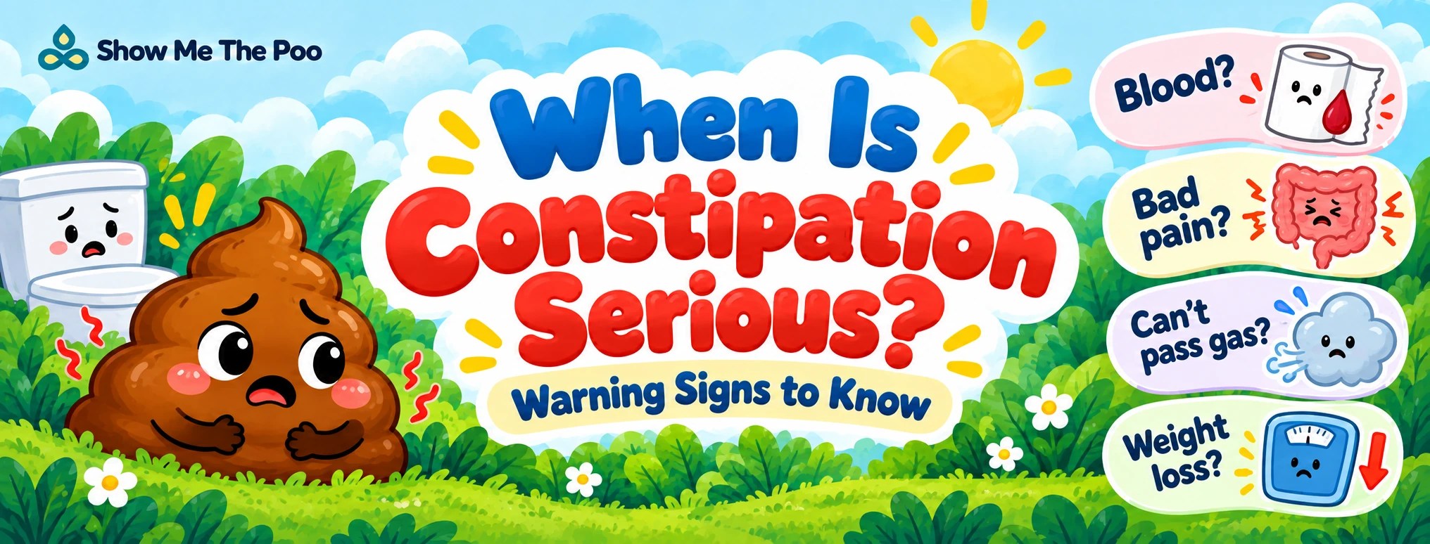 When Is Constipation Serious title image with a worried poop character and warning signs including blood, severe pain, inability to pass gas, and weight loss.