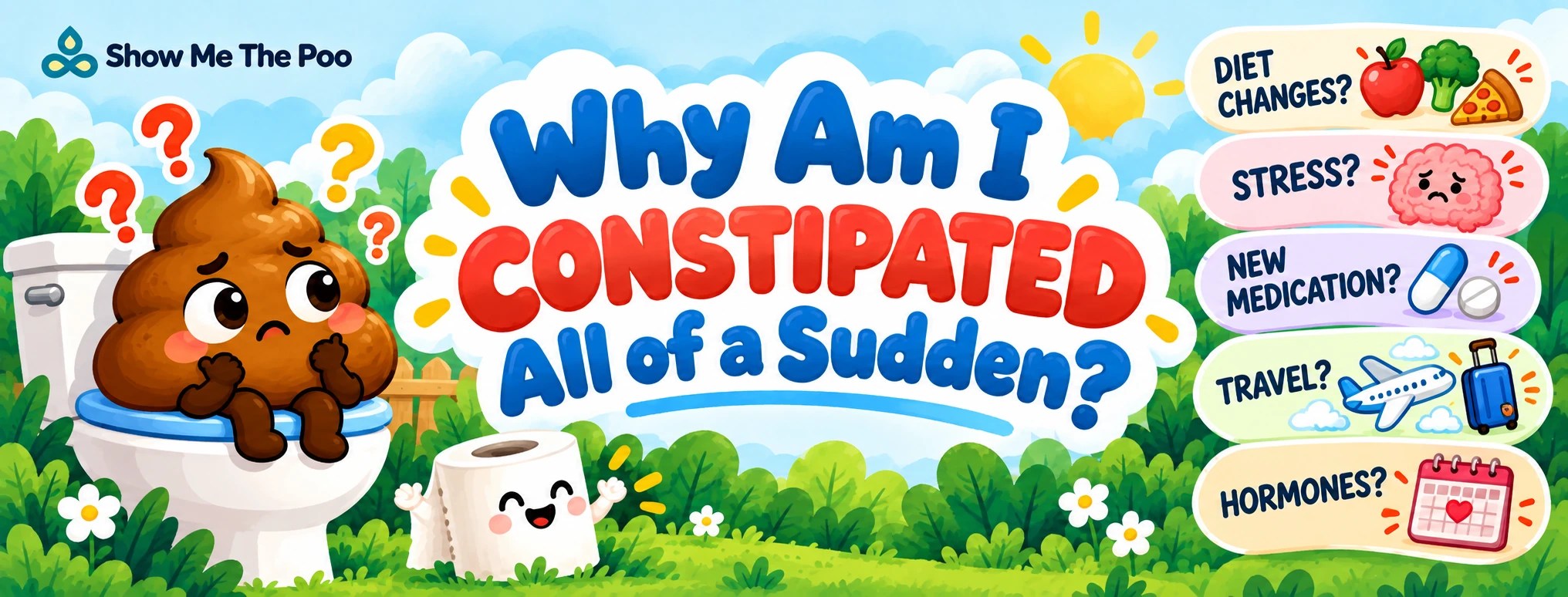 Why Am I Constipated All of a Sudden title image with a worried poop character, toilet paper, and common triggers including diet changes, stress, new medication, travel, and hormones.