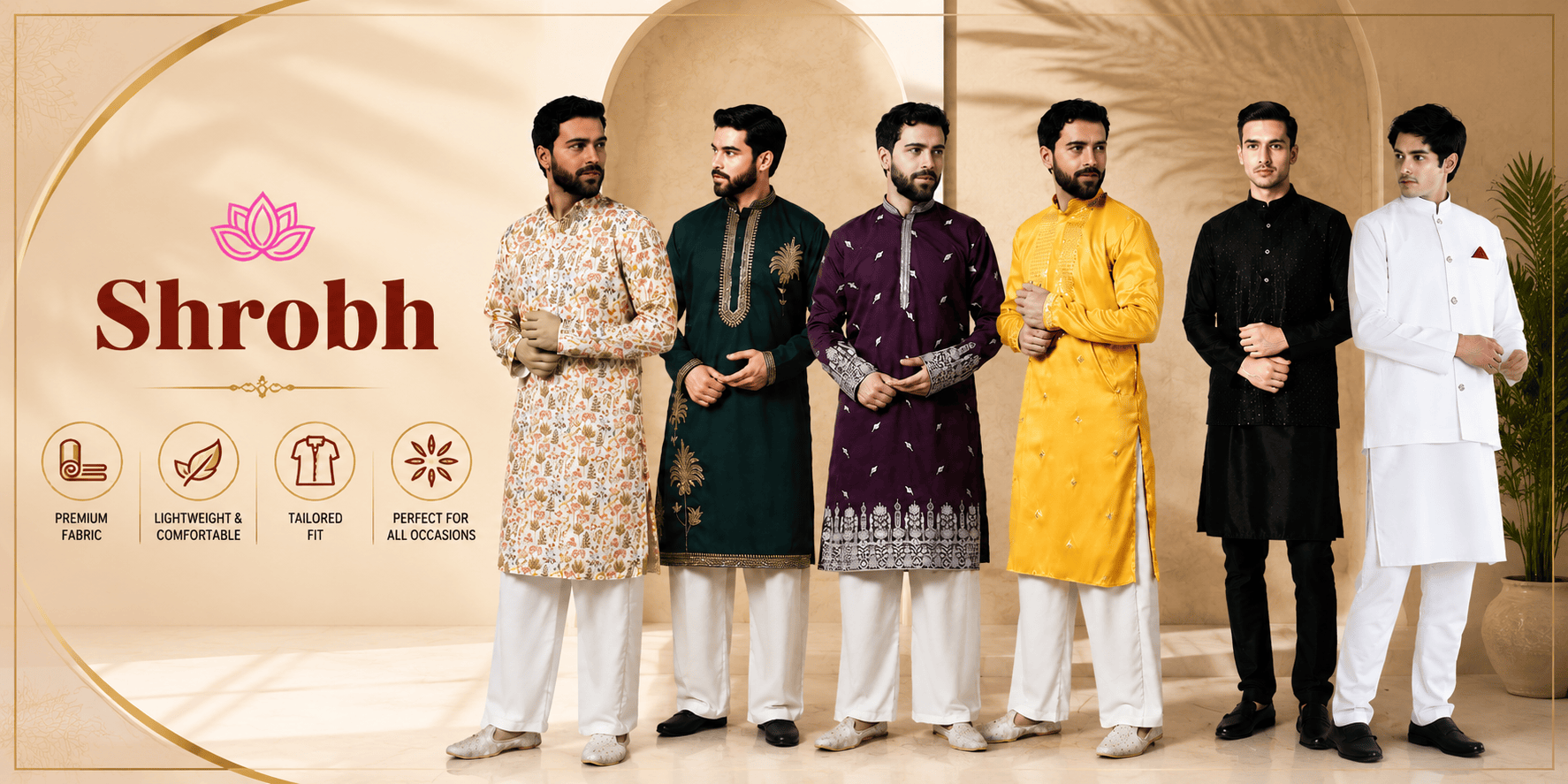 "Shrobh Ethnic Wear banner featuring six men in a lineup wearing printed cream, embroidered green, purple, yellow kurtas, and black and white Nehru jacket sets, showcasing premium men's ethnic wear"