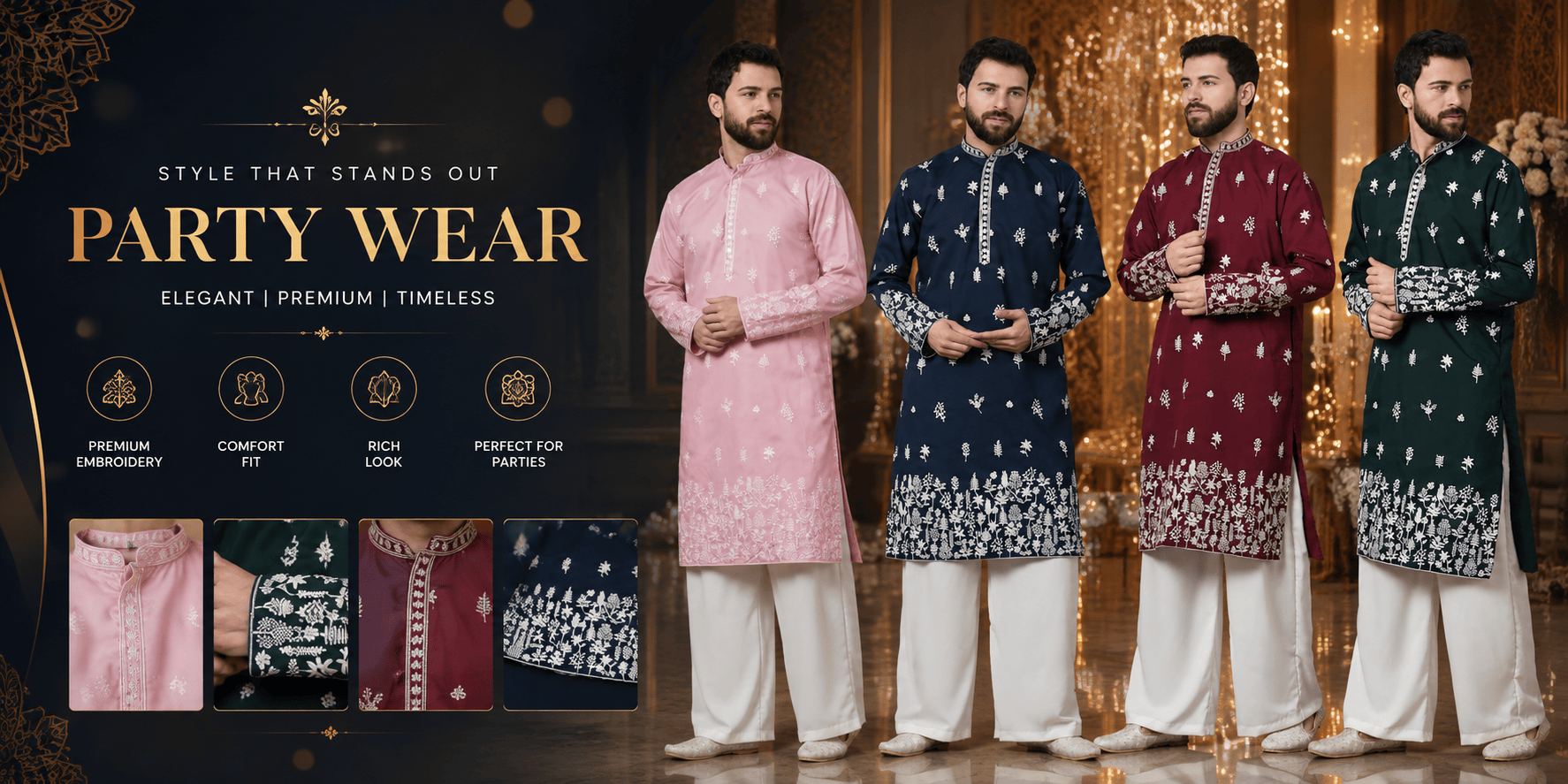 "Shrobh Party Wear collection banner featuring four men in floral embroidered kurtas with white palazzo pants in pink, navy blue, maroon, and dark green, with embroidery detail close-ups"