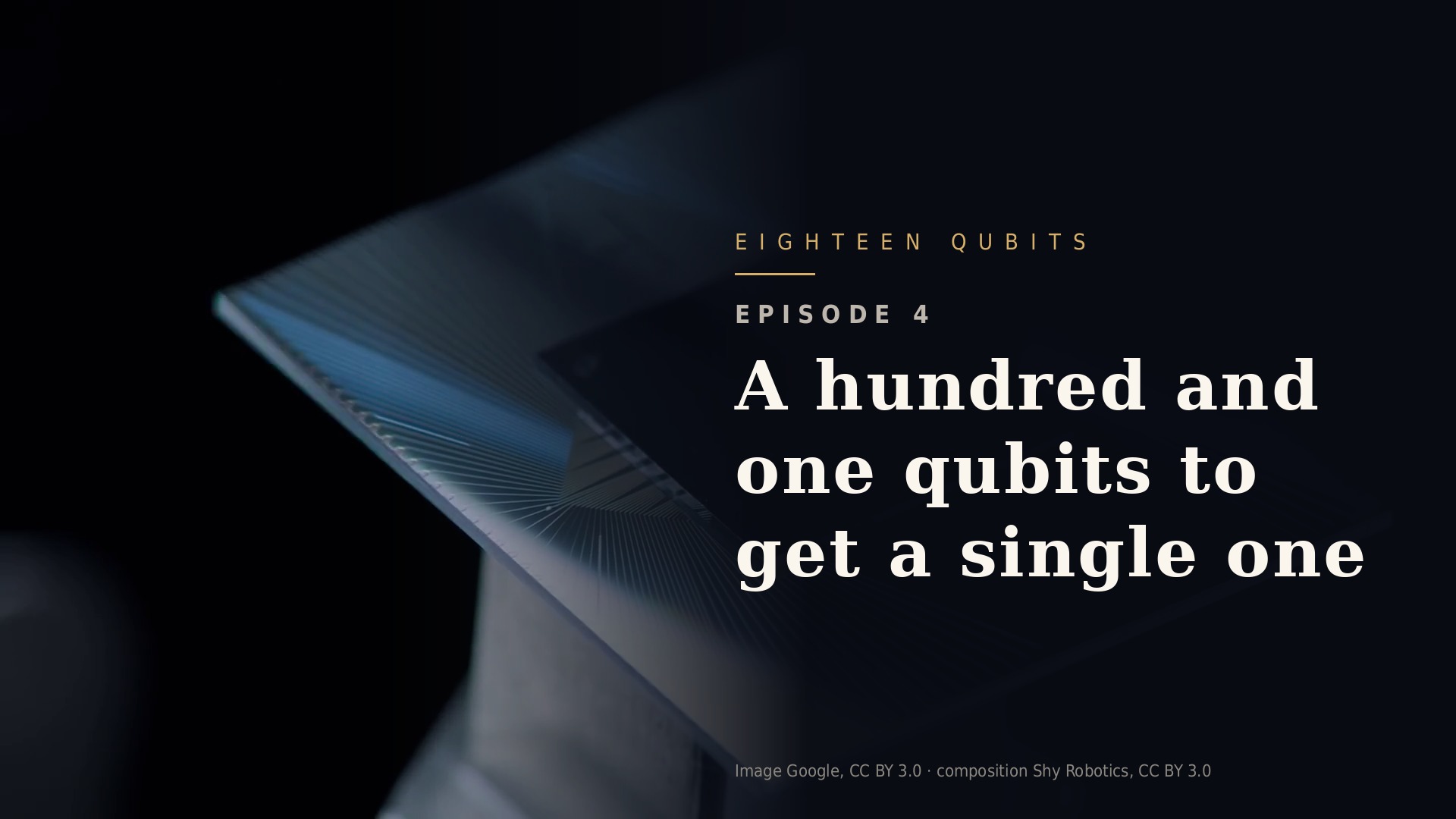 The Sycamore quantum processor seen close up, episode title on the right.