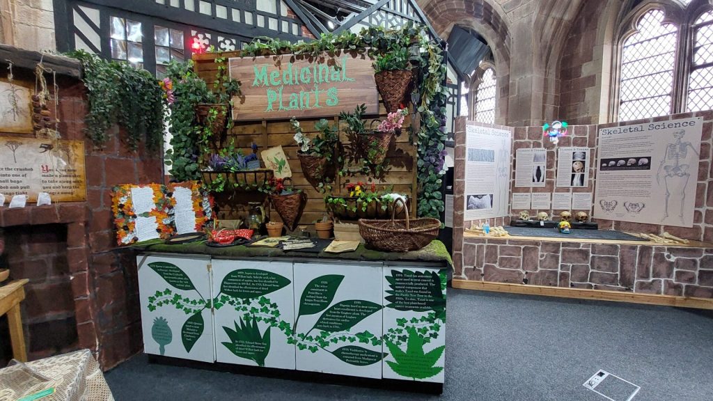 A countertop area made to look up like a greenhouse or plant shop, with lots of greenery, fake plants, and props on display. Along the front of the counter, where you would have cupboard fronts there is information writtena long graphic printed leaves on a white background. In the background to the right is a stone wall effect area with skeletal science on display.