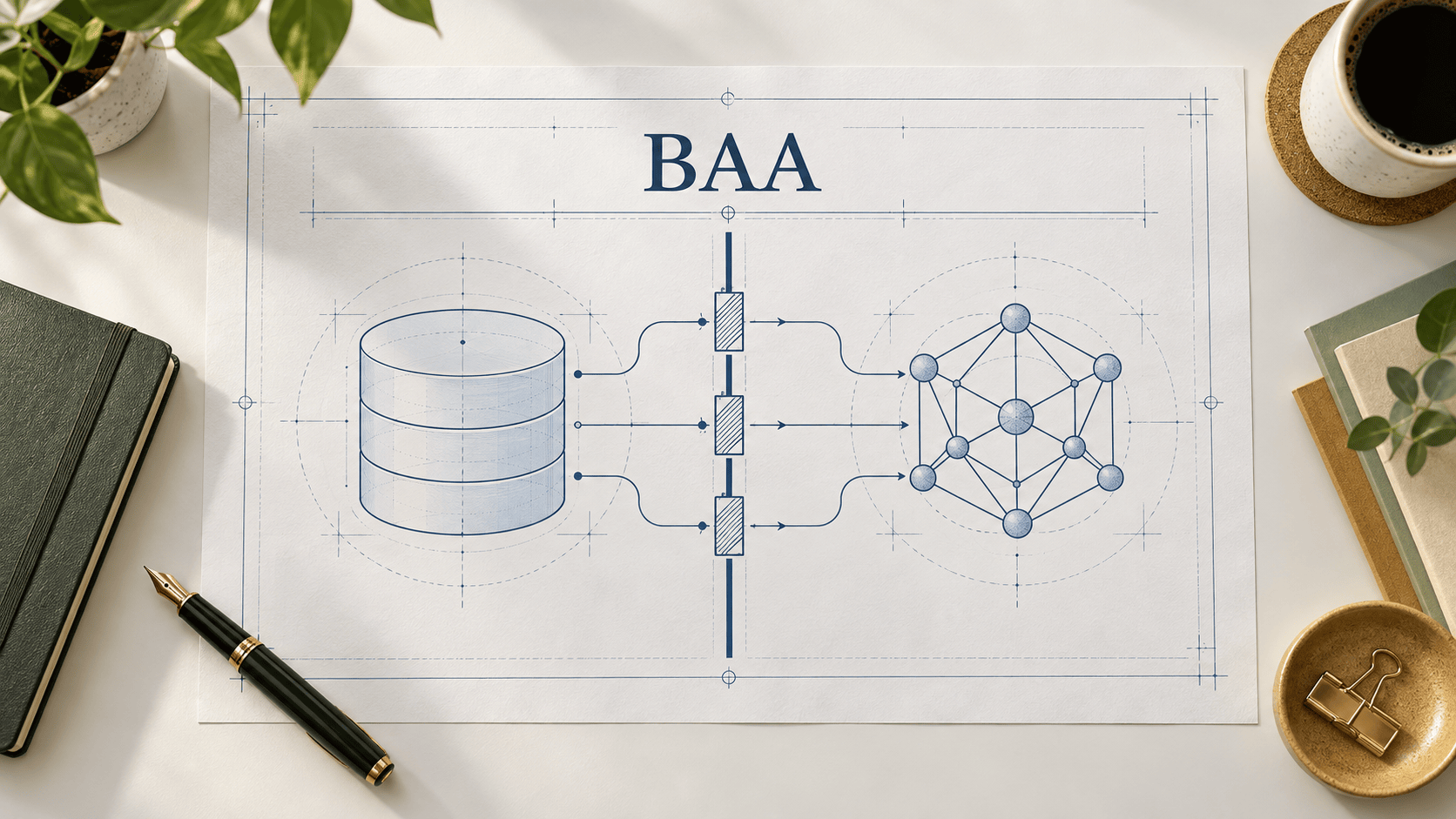 Blueprint headed BAA showing a single contract line separating a PHI data store from an external model, with access gates drawn along the boundary.