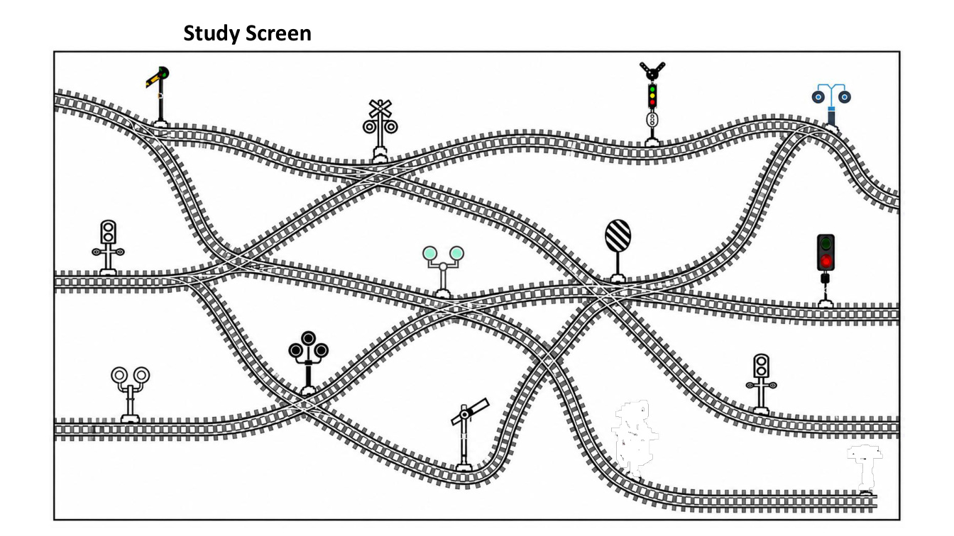Study screen: railway track network with twelve signal and signage figures to memorise