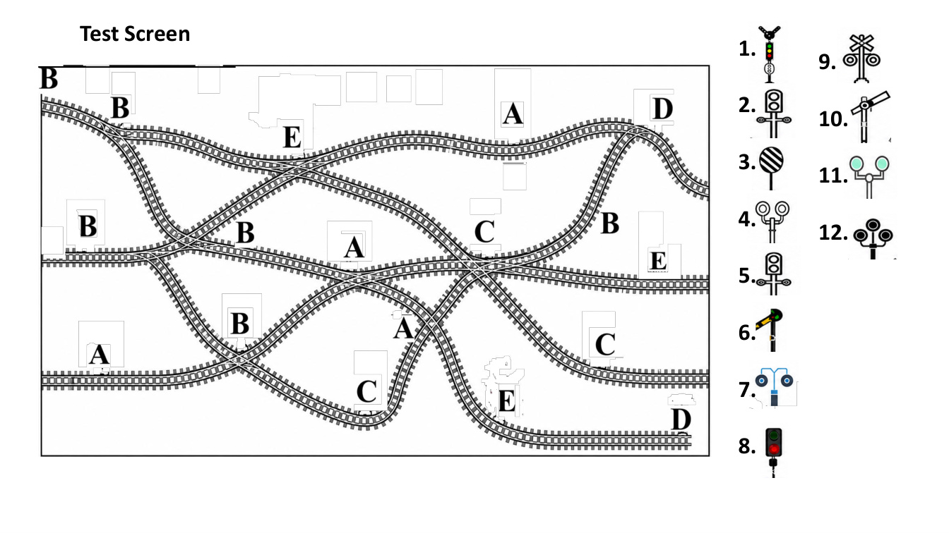 Test screen: railway track network with clearly marked regions and twelve numbered railway signals