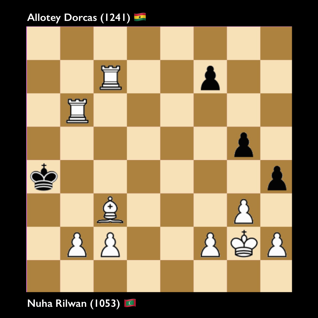 Eleventh and final round: with Rook a7 checkmate imminent, opponent resigned. This was the win that guaranteed her the WFM title