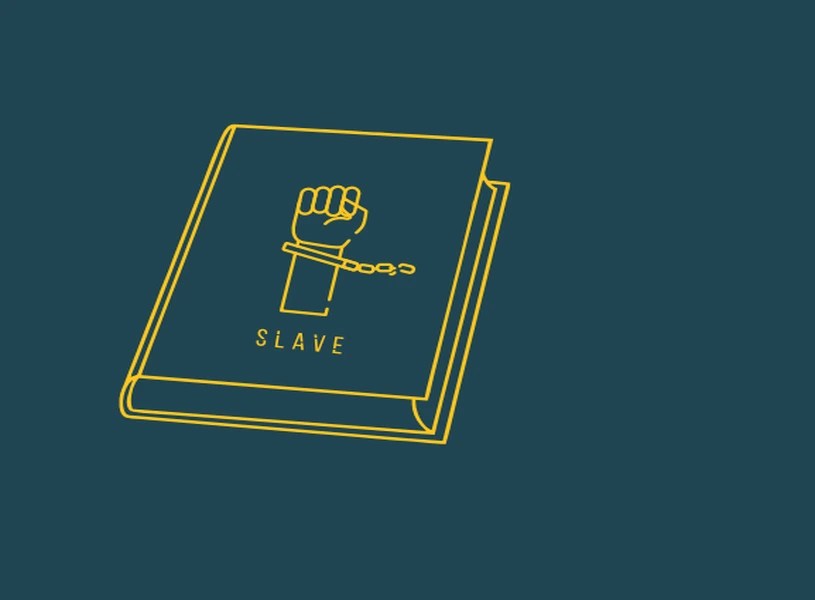 Ilustrasi buku bertuliskan SLAVE dengan gambar tangan mengepal