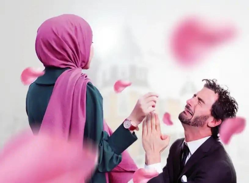 Pasangan pria dan wanita dalam suasana romantis dengan bunga mawar
