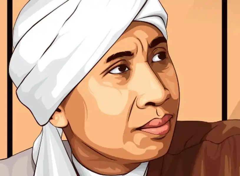 Ilustrasi pria berjubah dan bersorban dengan ekspresi serius