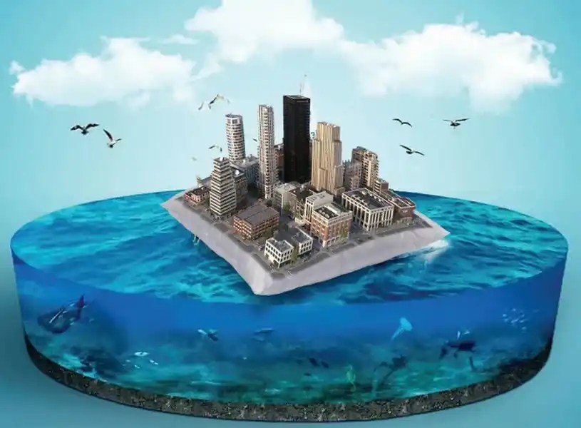 Ilustrasi kota di atas pulau kecil yang dikelilingi lautan