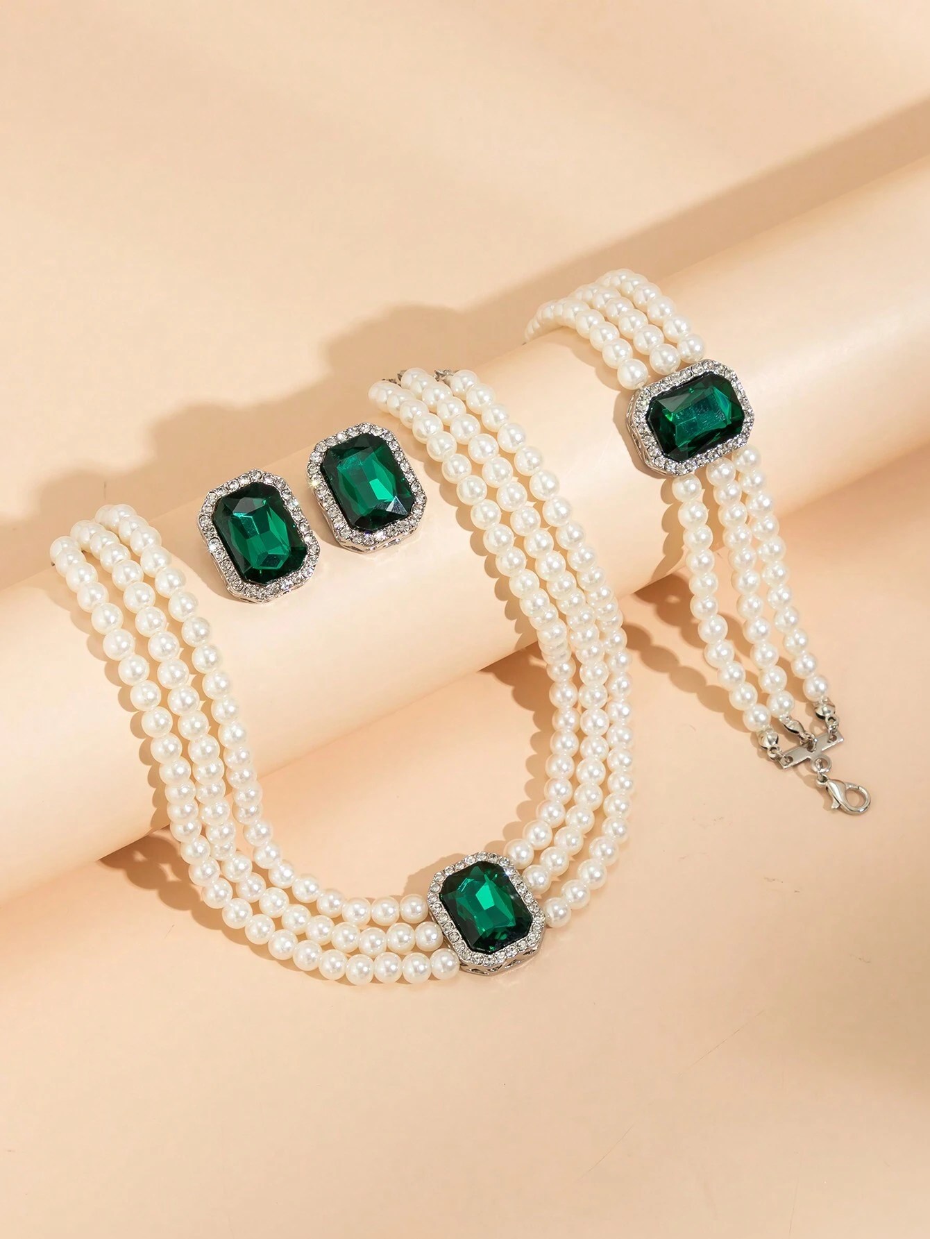 Women 4pcs Gorgeous Rhinestone Inlaid Faux Pearl Beaded Necklace & Bracelet, Gemstone Earrings