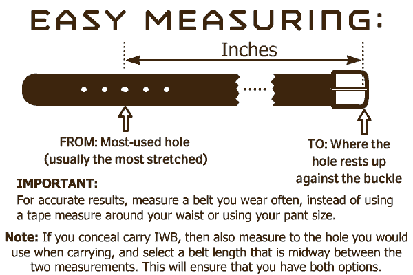For accurate results, measure a belt you wear from the most-used hole or position to the end of the buckle. If you CCW IWB, then select the measurement that is midway between CCW and non-CCW, so that the belt is sized for both options.