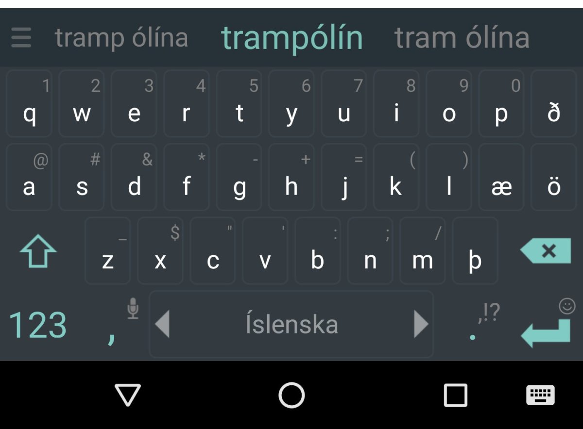 siggimus reynir að skrifa trampólín, en SwiftKey stingur upp á Tramp ólína eða Tram ólína