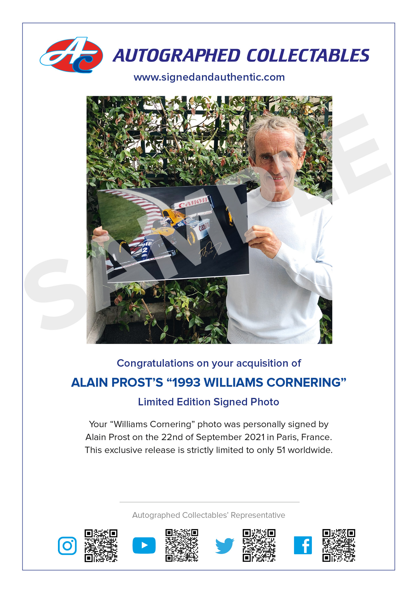 Alain Prost 1993 Williams Renault - Autographed Collectables