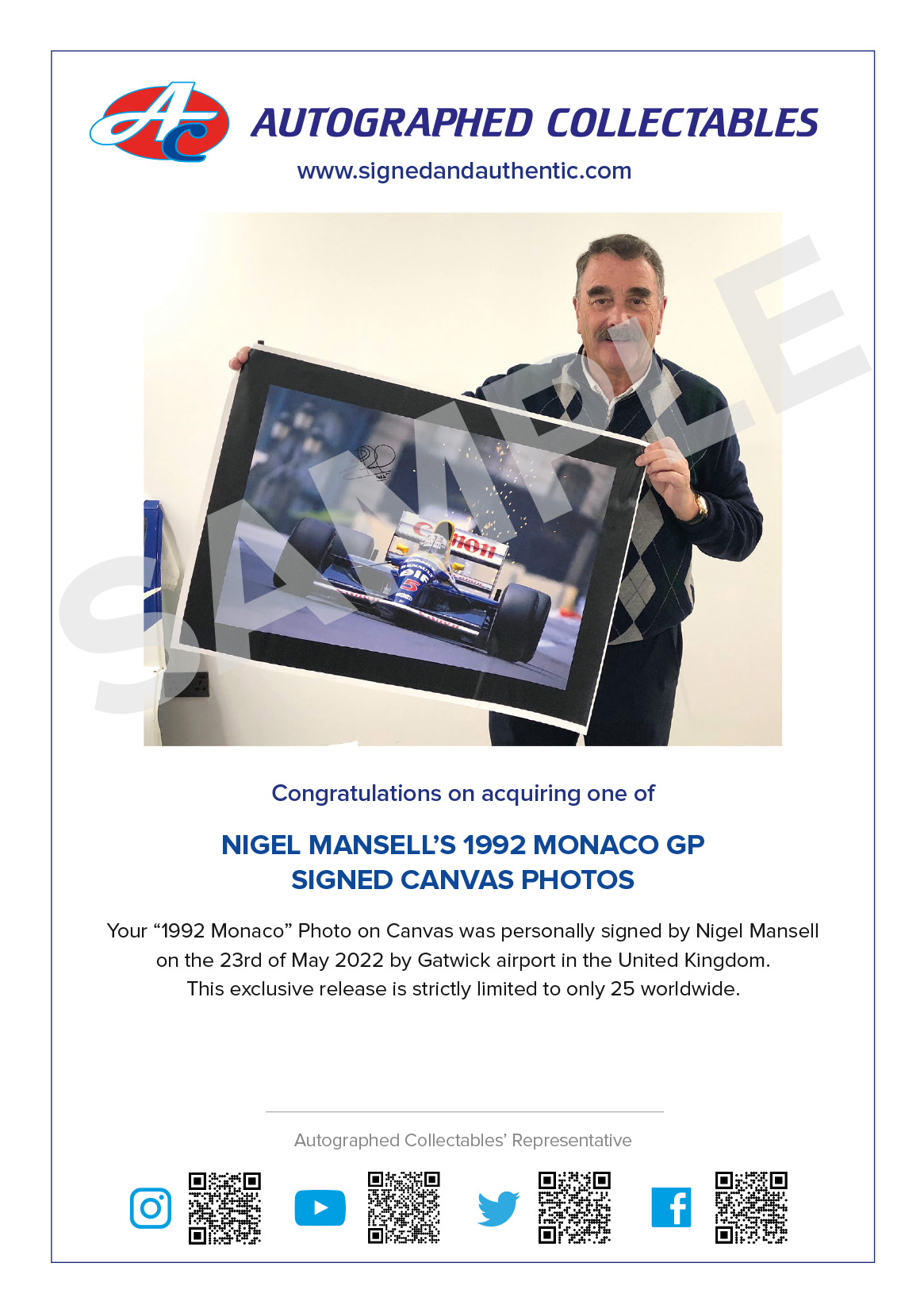 Nigel Mansell 1992 Monaco Canvas - Autographed Collectables