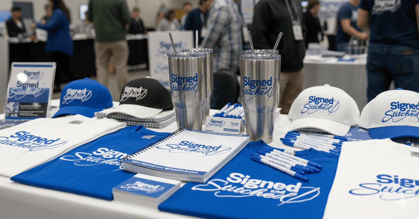 Branded promotional products at a trade show booth including tumblers, hats, shirts, notebooks and bags
