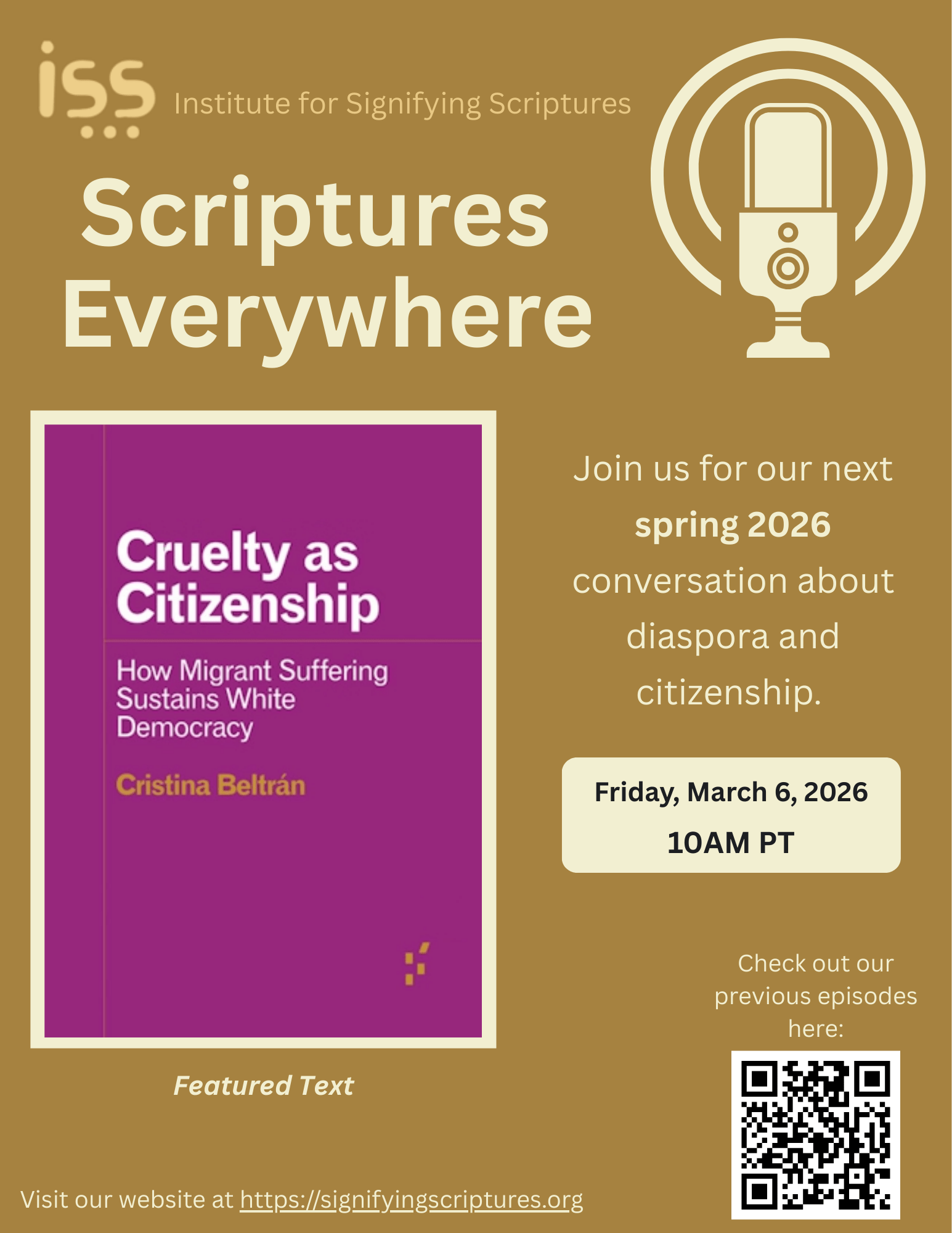 An ad for the March 6, 2026 starting season of the Scriptures Everywhere Podcast for Spring 2026, featuring the text 