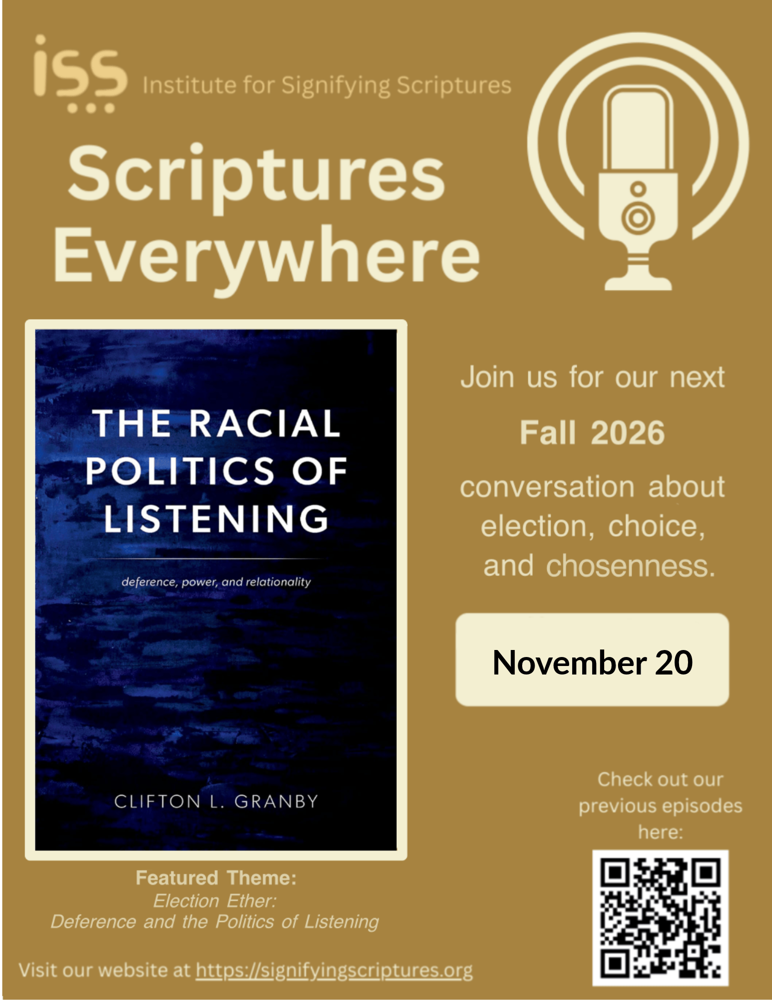 Advertisement for the November 20 ISS Scriptures Everywhere podcast, about 