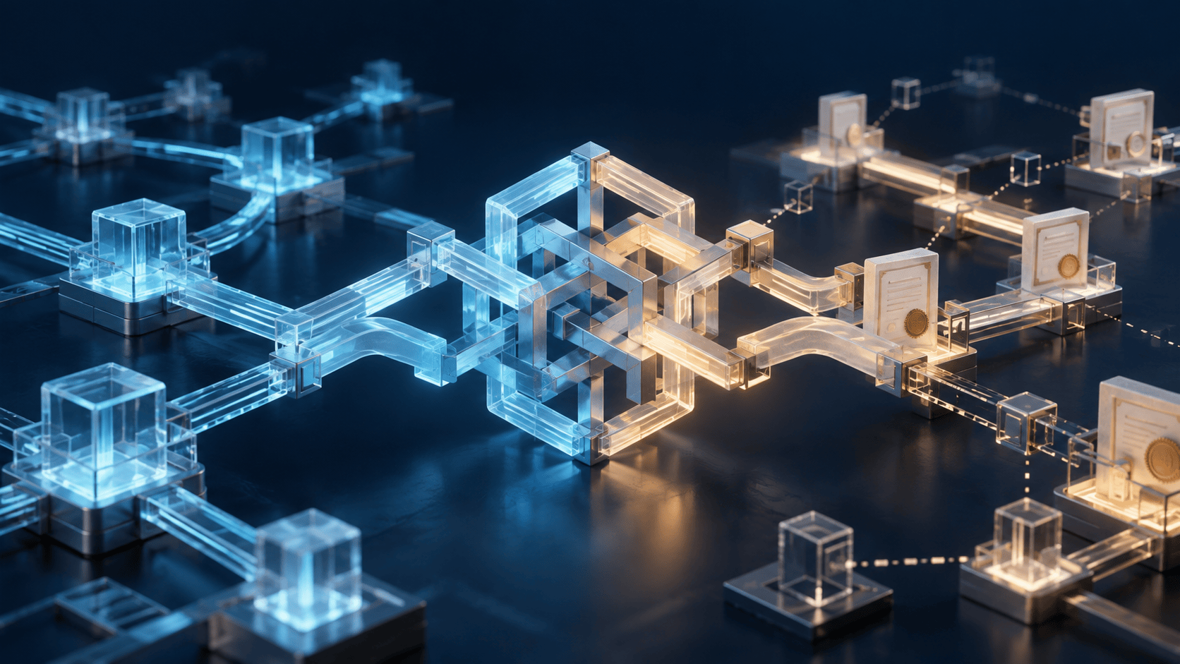 Interconnected cryptographic lattices representing the ongoing transition to quantum-resistant encryption and authentication.