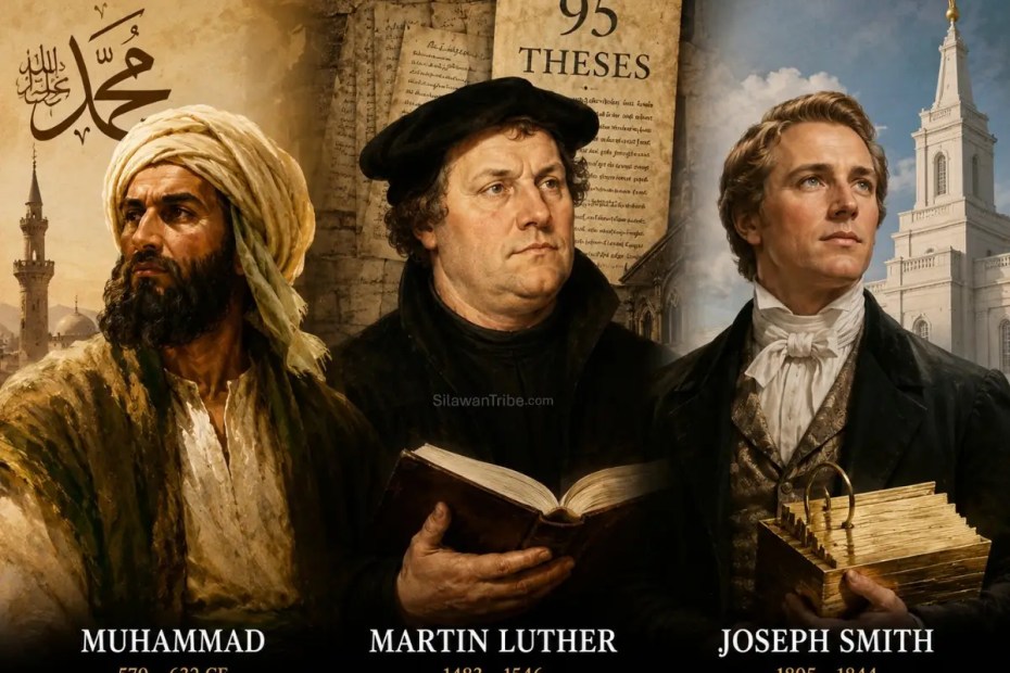 Collage featuring artistic portraits of Muhammad, Martin Luther, and Joseph Smith, three influential religious figures associated with Islam, the Protestant Reformation, and the Latter Day Saint movement