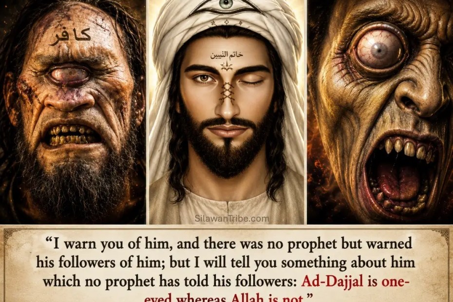 Illustration of Al-Masih ad-Dajjal depicted as one-eyed, with a warning based on Sahih al-Bukhari 7407 describing his blind right eye resembling a protruding grape.