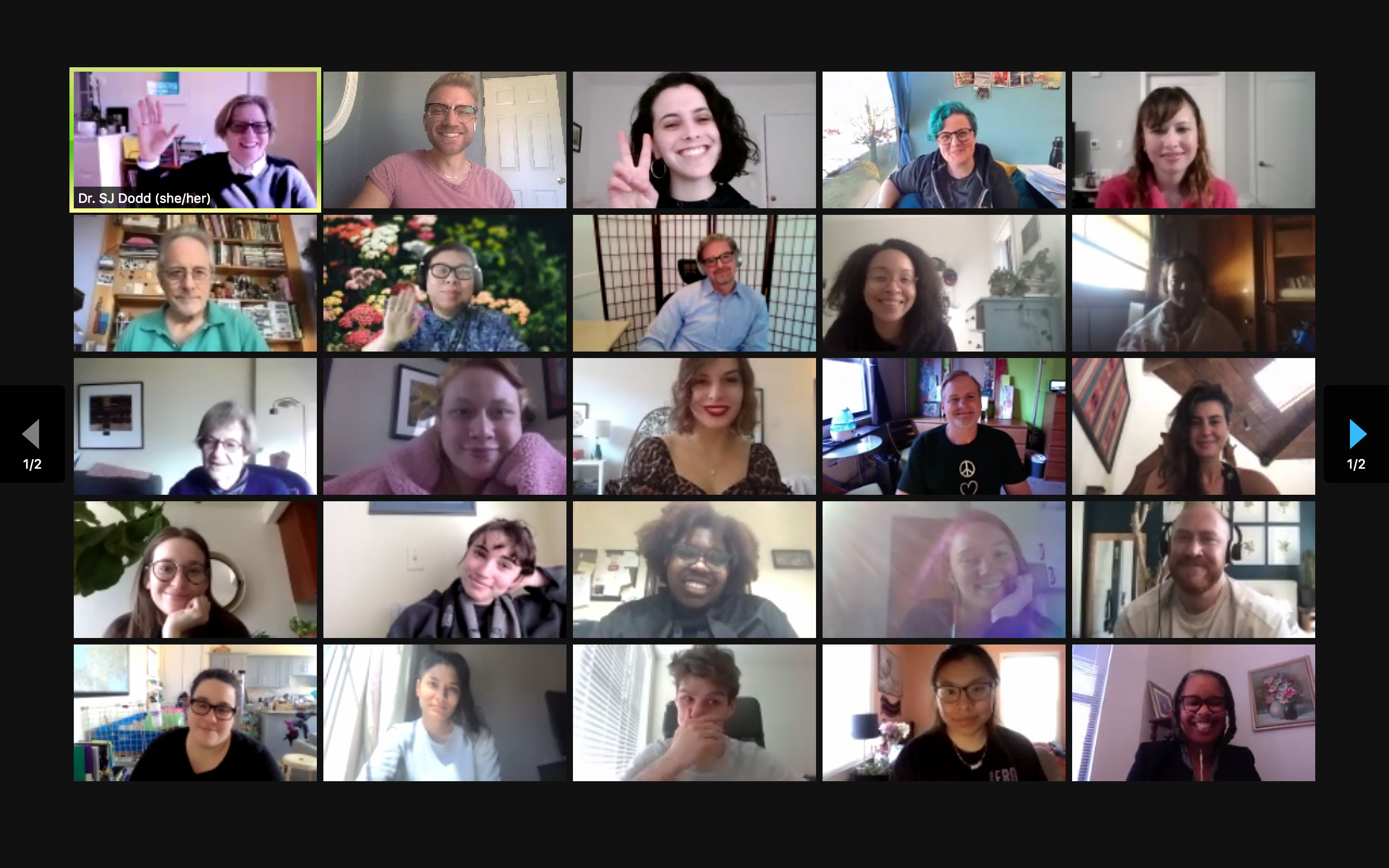 25 zoom squares of smiling and waving faces, participants of the principles of sex-positive social work practice event.