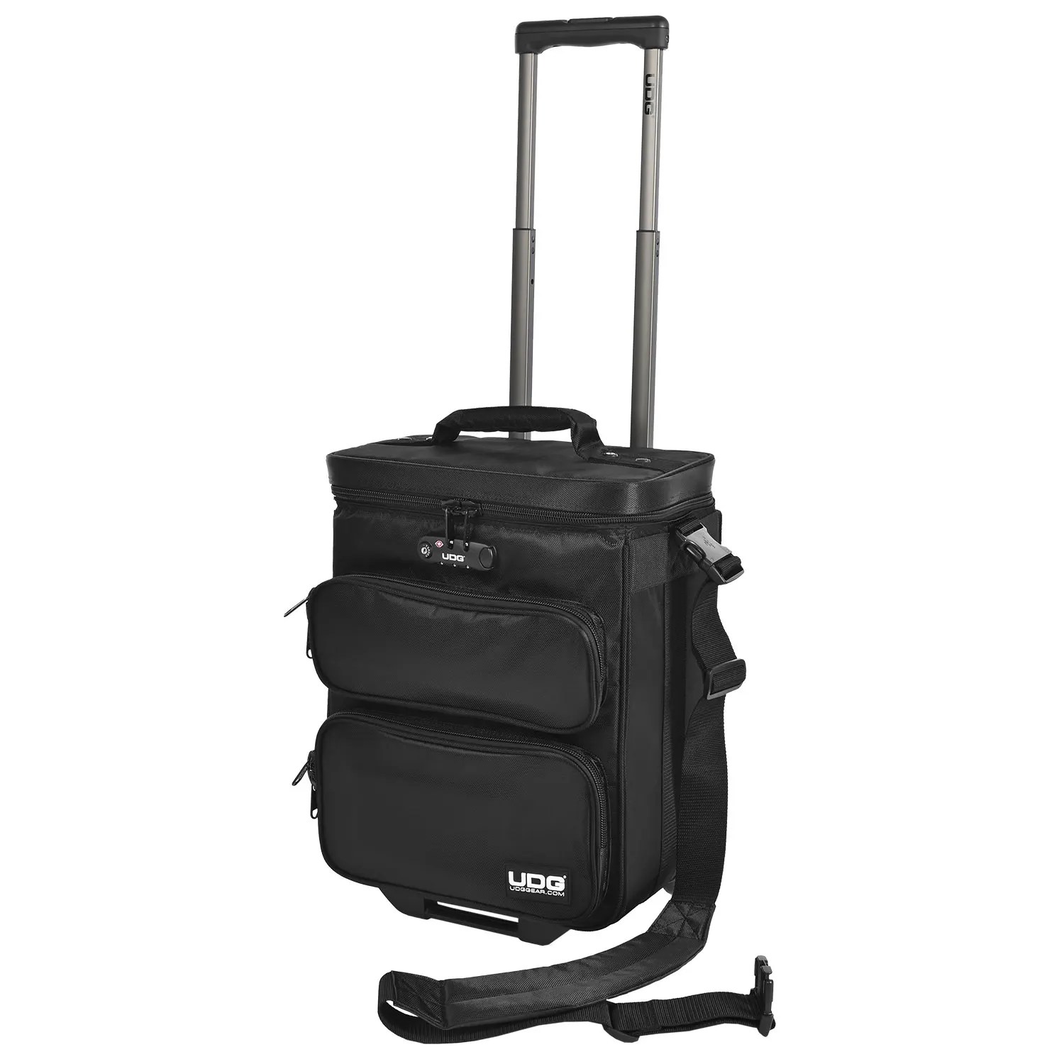 UDG Ultimate Digital Trolley To Go Black shown upright with extended telescopic handle, two front zippered pockets, top carry handle, and shoulder strap.