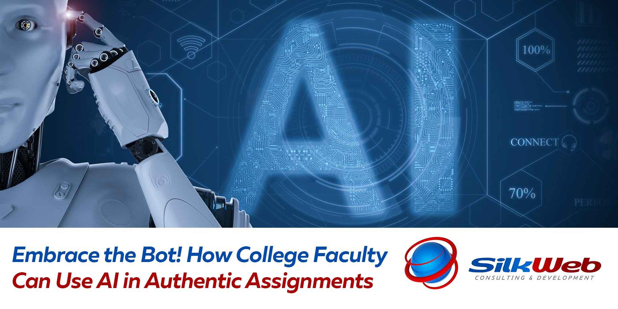 A futuristic robotic figure touches its head as if thinking, with a glowing "AI" and digital interface elements in the background. The text reads: "Embrace the Bot! How College Faculty Can Use AI in Authentic Assignments." The SilkWeb Consulting & Development logo is displayed at the bottom.