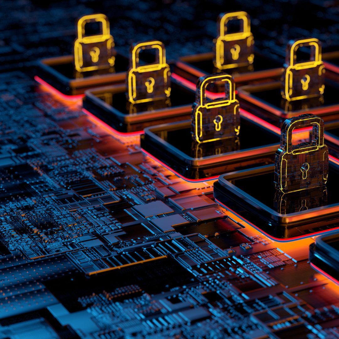 A futuristic digital illustration of glowing padlocks on microchips, symbolizing cybersecurity and data protection.