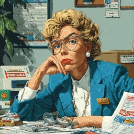 Pixel art portrait of Gladys Grump, a stern mature businesswoman in a blue blazer with wire glasses and accounting ledgers.