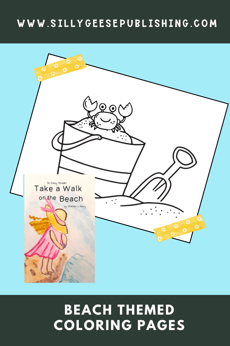 www.sillygeesepublishing.com Image of a coloring page and image of the book cover for Take a Walk on the Beach Beach Themed Coloring Pages