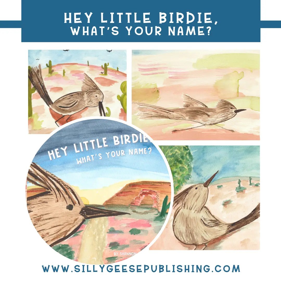 Multi image, features the cover of Hey Little Birdie, What's Your Name, along with 3 interior illustrations.