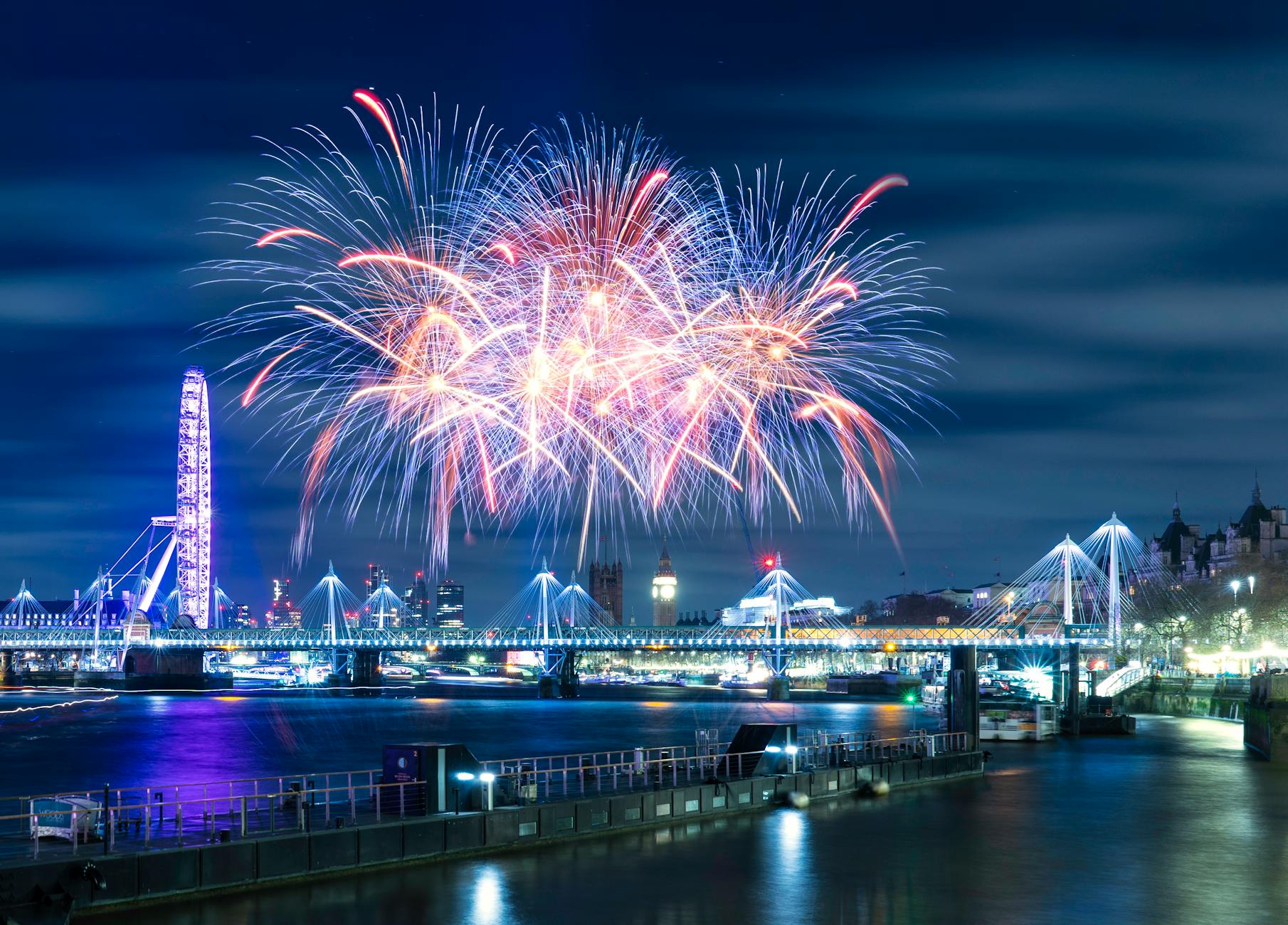 fireworks in night sky over london england