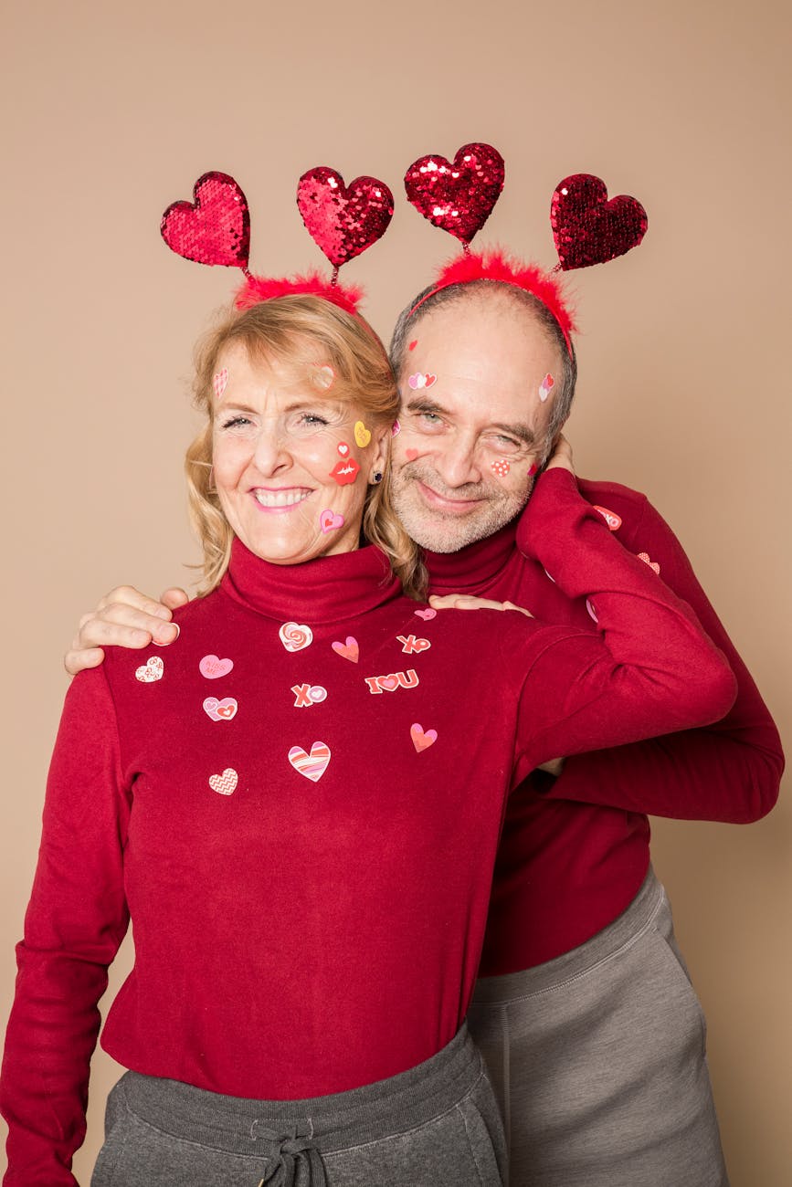 elderly couple wearing couple outfit