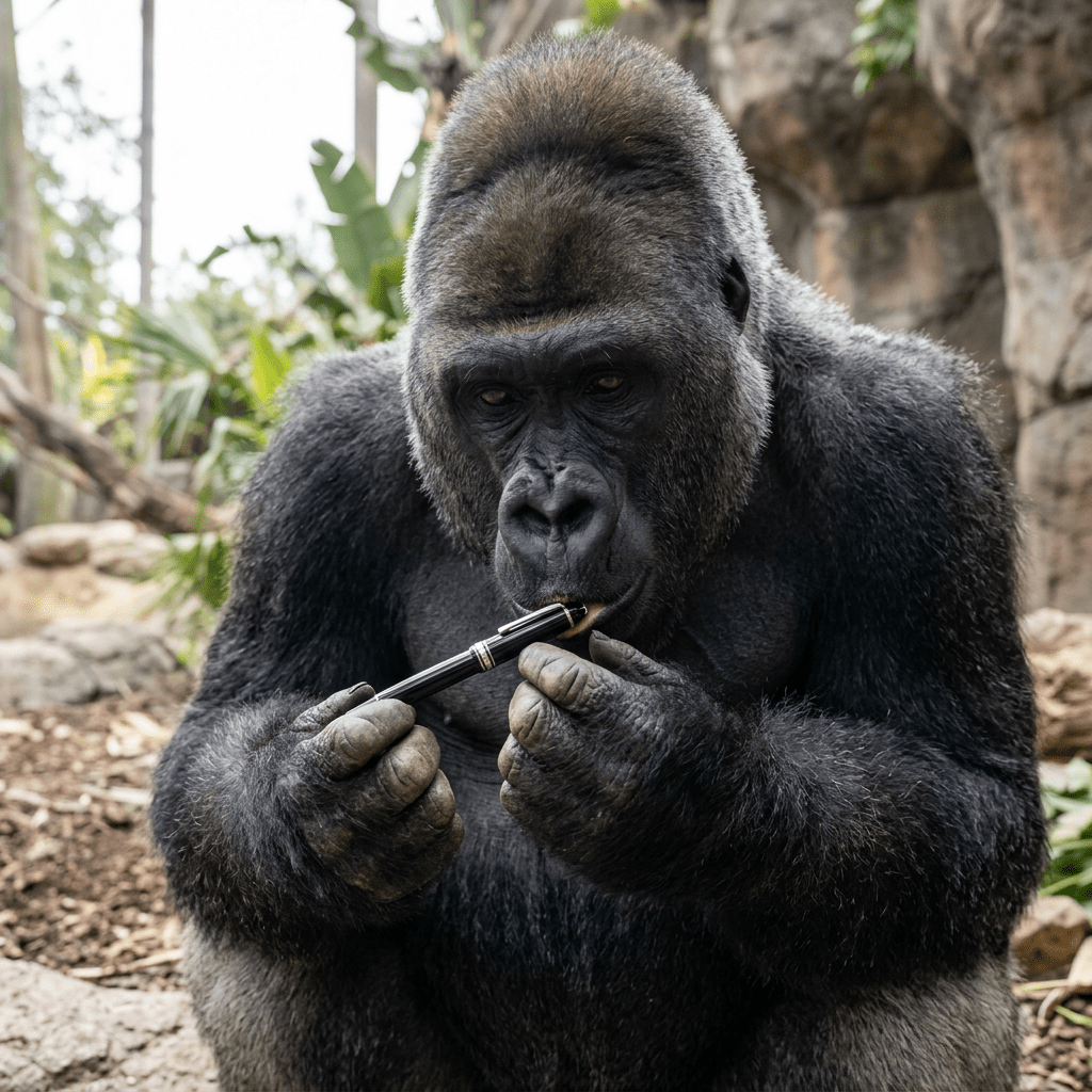 Gorilla holding and licking a black pen in a zoo enclosure