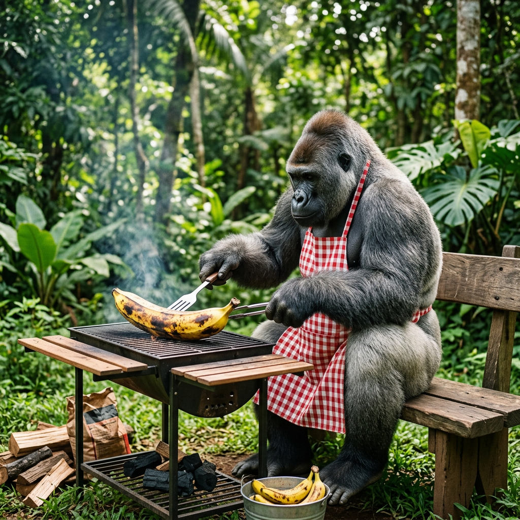 Gorilla in apron grilling a banana on a barbecue grill outdoors