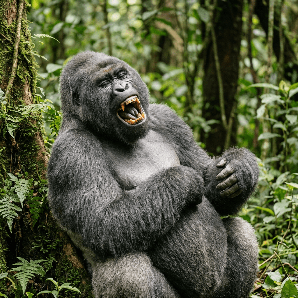 A gorilla sitting against a tree with mouth open, appearing to laugh