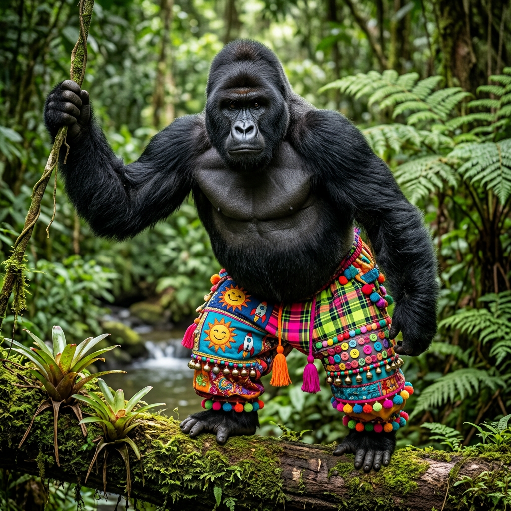 Gorilla holding a vine while standing on a moss-covered log in colorful patterned trousers