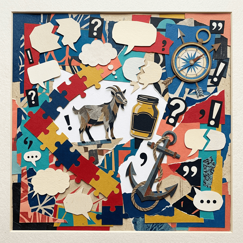 Colorful collage featuring puzzles, speech bubbles, compass, anchor, jar, and mountain goat