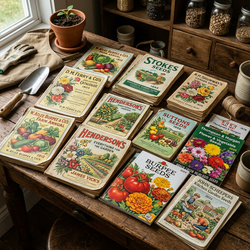 Vintage seed catalogs, gardening tools, potted seedling, and seed jars on wooden table